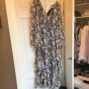 Astr Black and Cream Floral Ruffle Wrap Maxi Dress